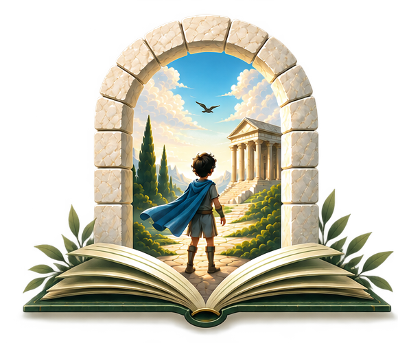 A child in a blue cape stepping through a marble arch rising from an open book into Ancient Greece