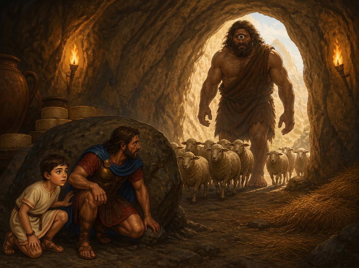 Alex hiding inside the Cyclops's cave beside Odysseus