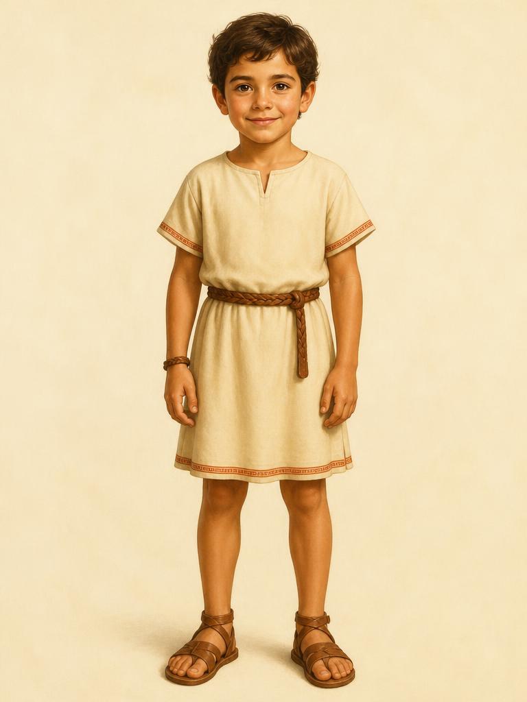Alex, a fictional demo character: a young boy in a sand-cream Greek tunic and sandals