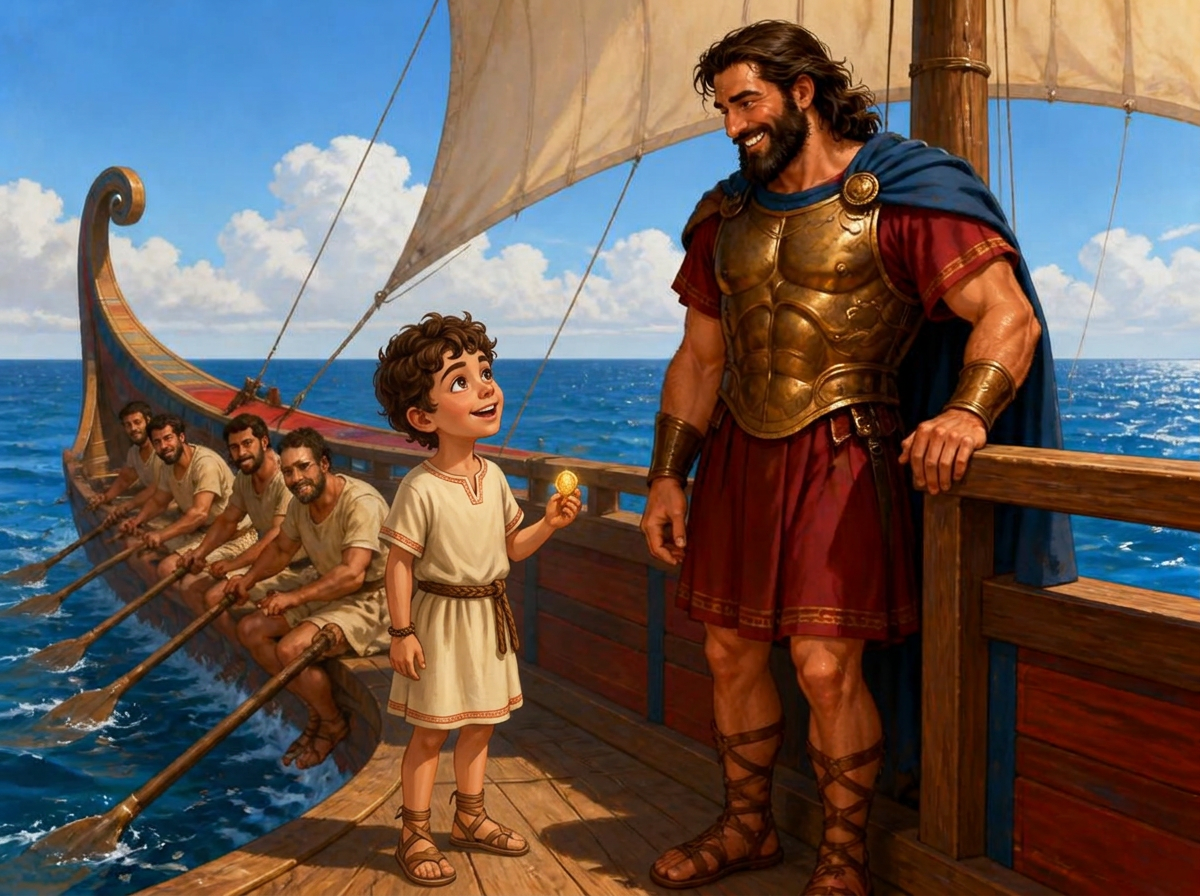 Alex aboard Odysseus's ship at sea, illustrated as part of the crew