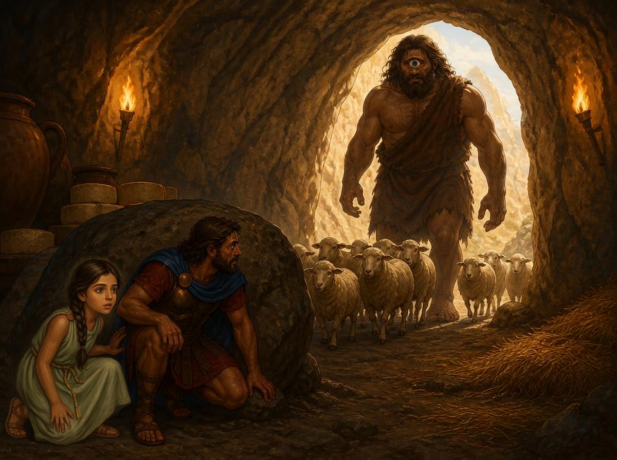 Maria hiding inside the Cyclops's cave beside Odysseus