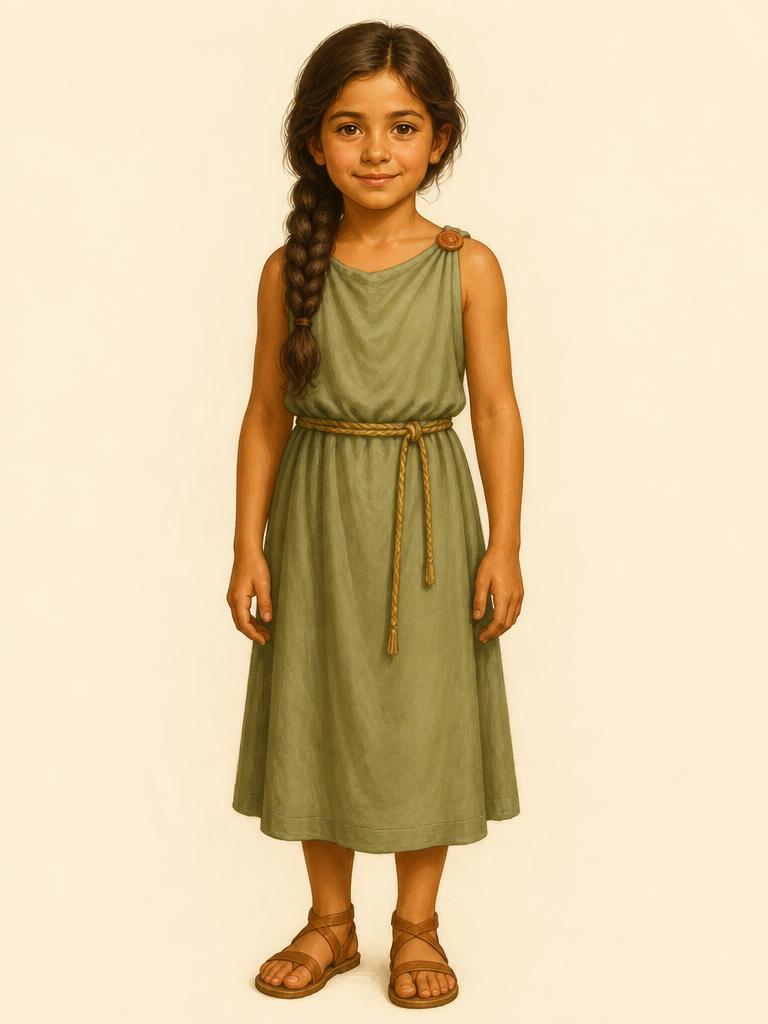 Maria, a fictional demo character: a young girl in a sage-green Greek chiton and sandals