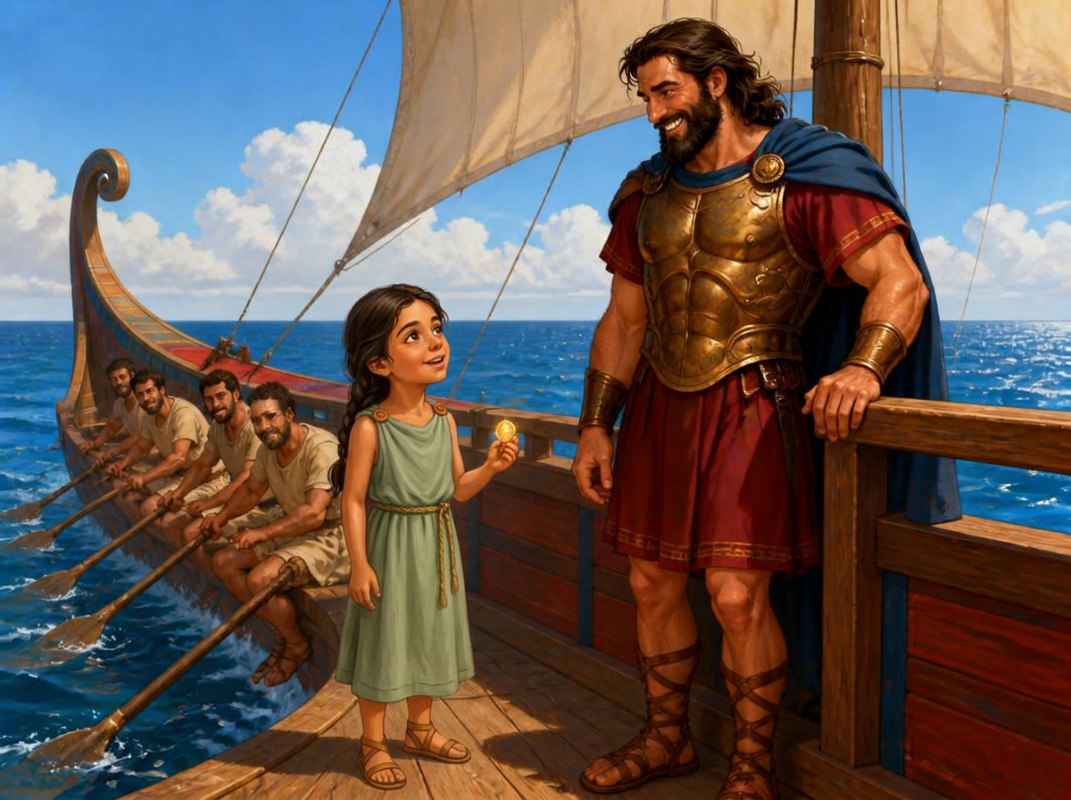 Maria aboard Odysseus's ship at sea, illustrated as part of the crew
