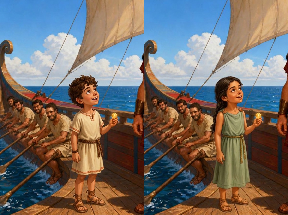 The same Odyssey scene shown twice: Alex on the left and Maria on the right, each illustrated aboard Odysseus's ship