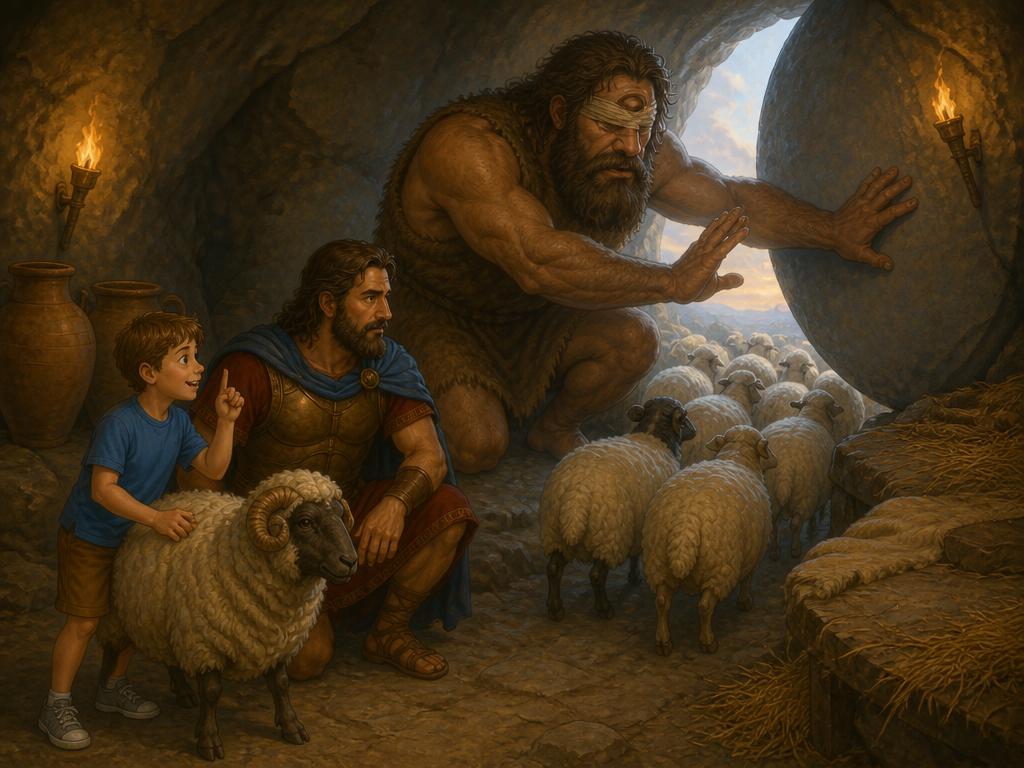 Thick woolly rams crowding the cave entrance at dawn