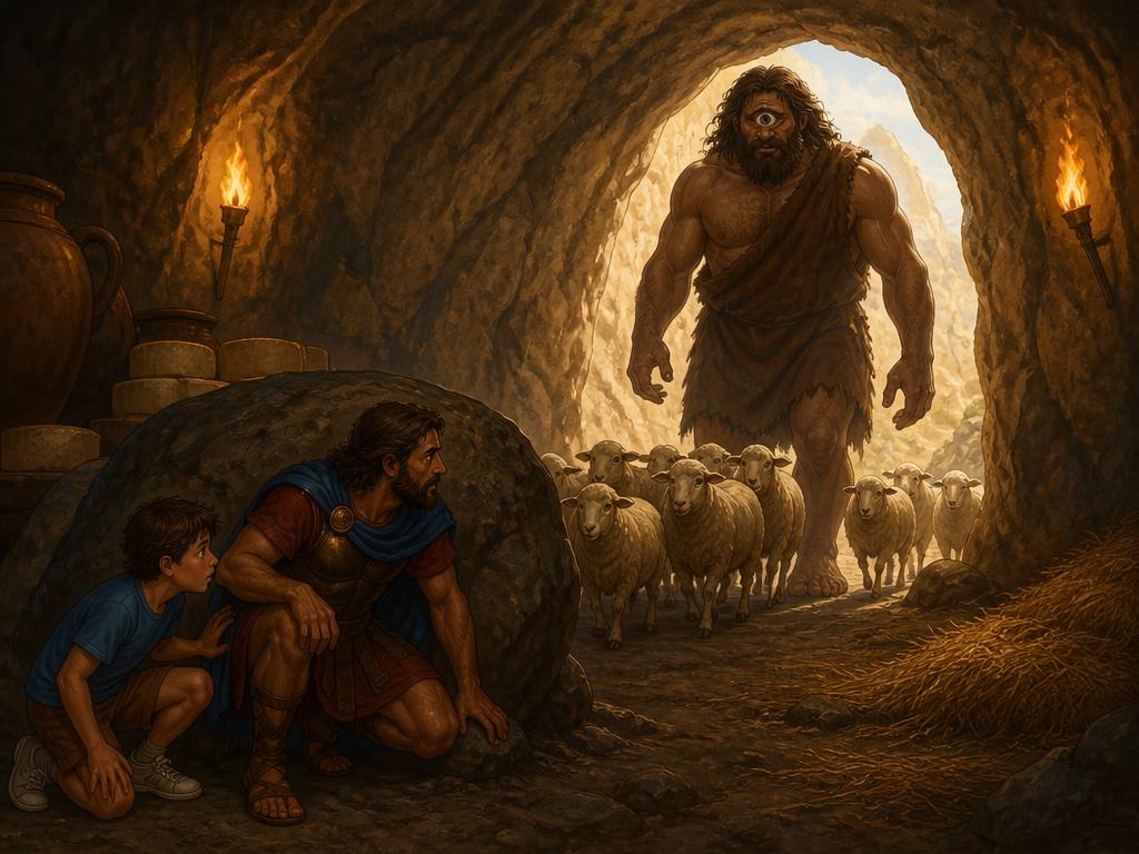 The Cyclops driving his sheep into the enormous cave