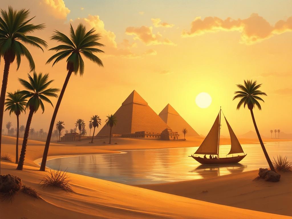 Pyramids at sunrise beside the Nile with palm trees and a sailing boat